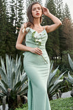 Sheath Spaghetti Straps Light Green Long Bridesmaid Dress with Bowknot