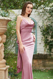 Sheath Spaghetti Straps Blush Long Bridesmaid Dress with Bowknot