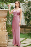 Sheath Spaghetti Straps Blush Long Bridesmaid Dress with Bowknot