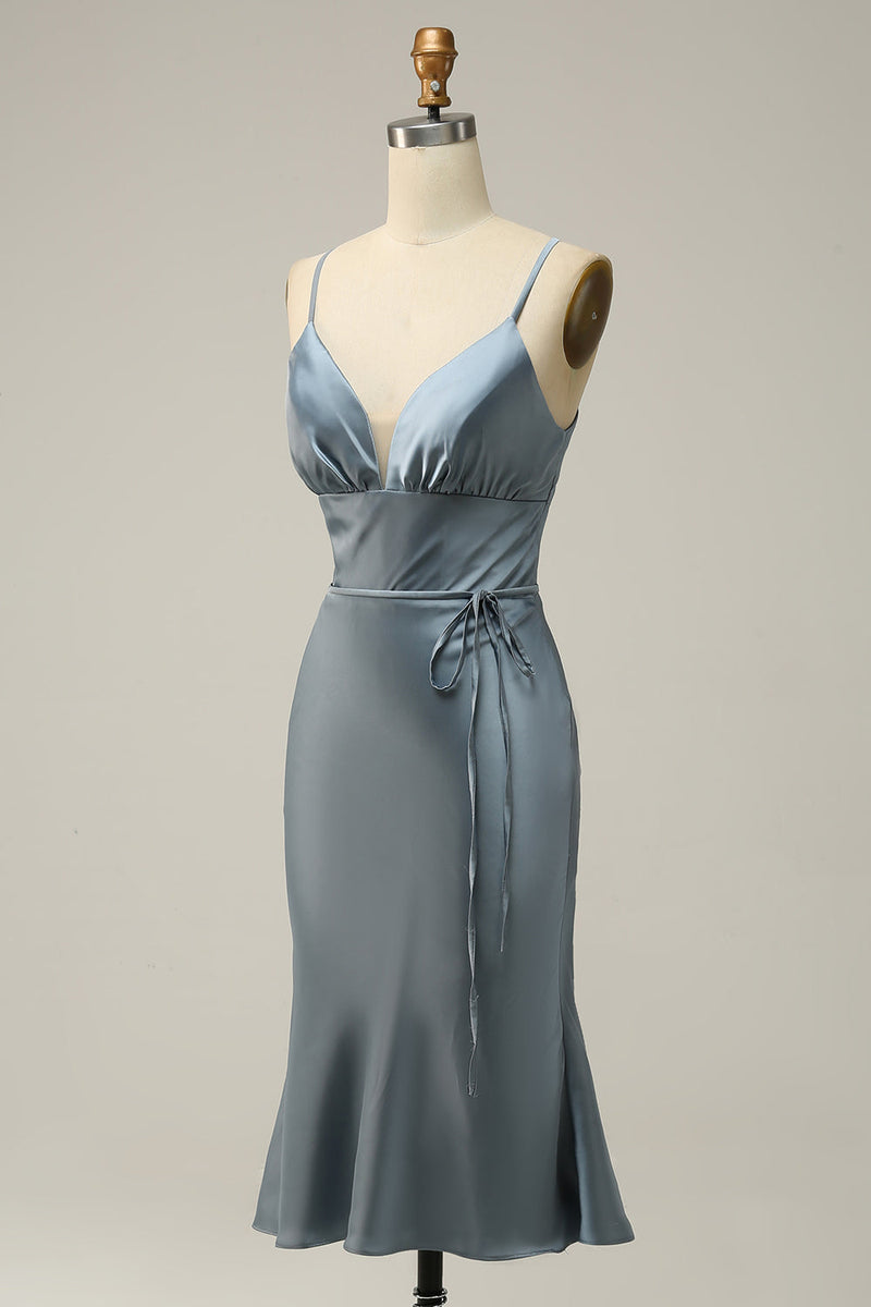 Load image into Gallery viewer, Spaghetti Straps Satin Blue Bridesmaid Dress