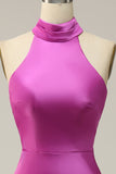 Halter Satin Fuchsia Bridesmaid Dress