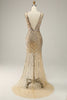Load image into Gallery viewer, Sheath V Neck Golden Sequins Long Formal Dress with Open Back
