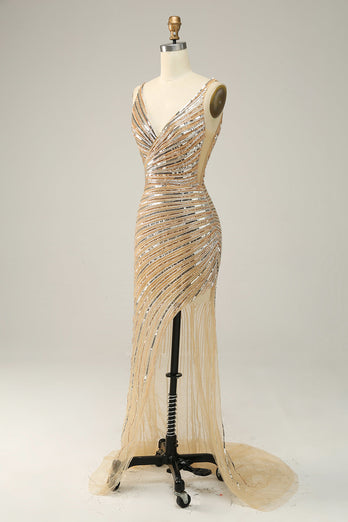 Sheath V Neck Golden Sequins Long Formal Dress with Open Back