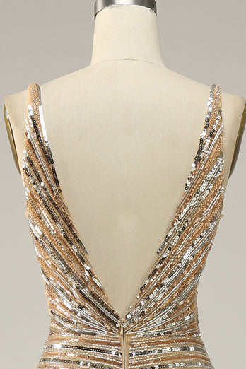 Sheath V Neck Golden Sequins Long Formal Dress with Open Back