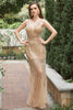 Load image into Gallery viewer, Mermaid Deep V Neck Golden Long Formal Dress with Open Back