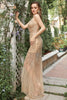 Load image into Gallery viewer, Mermaid Deep V Neck Golden Long Formal Dress with Open Back