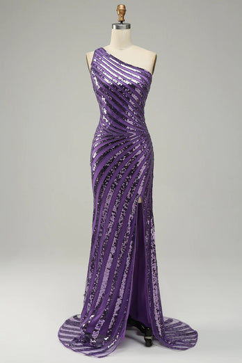 Purple Sequin One Shoulder Formal Dress with Slit