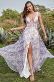 Ivory Purple Printed V-Neck Formal Dress With Slit