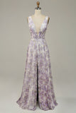 Ivory Purple Printed V-Neck Formal Dress With Slit