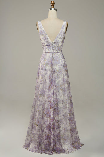 Ivory Purple Printed V-Neck Formal Dress With Slit