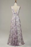 Ivory Purple Printed V-Neck Formal Dress With Slit