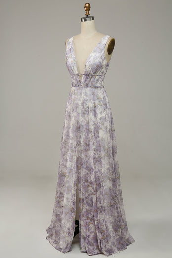 Ivory Purple Printed V-Neck Formal Dress With Slit