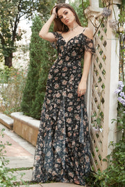 Black Chiffon Off Shoulder Formal Dress with Floral