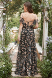 Black Chiffon Off Shoulder Formal Dress with Floral