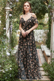 Black Chiffon Off Shoulder Formal Dress with Floral