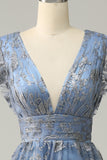 A Line Deep V Neck Grey Blue Plus Size Formal Dress with Embroidery