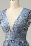 A Line Deep V Neck Grey Blue Plus Size Formal Dress with Embroidery