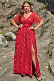 A Line V Neck Red Lace Plus Size Formal Dress with Split Front