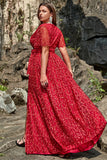 A Line V Neck Red Lace Plus Size Formal Dress with Split Front