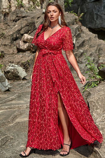 A Line V Neck Red Lace Plus Size Formal Dress with Split Front