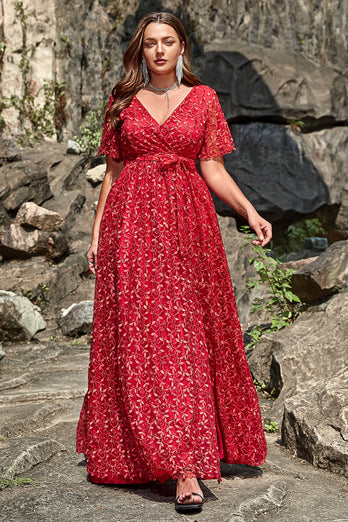 A Line V Neck Red Lace Plus Size Formal Dress with Split Front