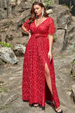 A Line V Neck Red Lace Plus Size Formal Dress with Split Front