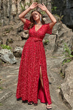 A Line V Neck Red Lace Plus Size Formal Dress with Split Front