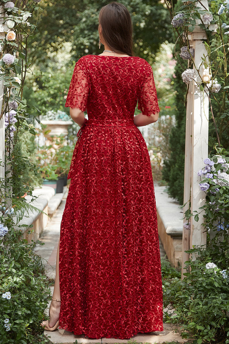 Load image into Gallery viewer, A Line V Neck Red Long Bridesmaid Dress with Embroidery
