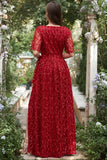 A Line V Neck Red Long Bridesmaid Dress with Embroidery