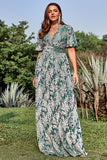 A Line V Neck Green Floral Printed Velvet Plus Size Formal Dress with Short Sleeves