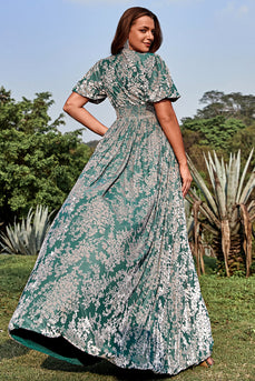 A Line V Neck Green Floral Printed Velvet Plus Size Formal Dress with Short Sleeves
