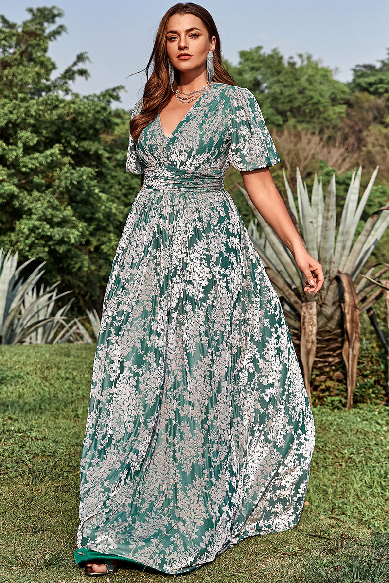 Load image into Gallery viewer, A Line V Neck Green Floral Printed Velvet Plus Size Formal Dress with Short Sleeves