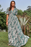 A Line V Neck Green Floral Printed Velvet Plus Size Formal Dress with Short Sleeves