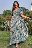 A Line V Neck Green Floral Printed Velvet Plus Size Formal Dress with Short Sleeves