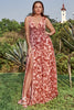 Load image into Gallery viewer, A Line Deep V Neck Rust Printed Plus Size Formal Dress with Split Front