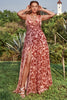 Load image into Gallery viewer, A Line Deep V Neck Rust Printed Plus Size Formal Dress with Split Front
