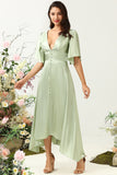 A Line Deep V Neck Light Green Wedding Guest Dress with Half Sleeves