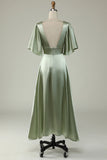 A Line Deep V Neck Light Green Bridesmaid Dress with Half Sleeves