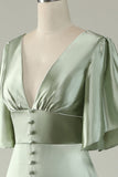 A Line Deep V Neck Light Green Bridesmaid Dress with Half Sleeves