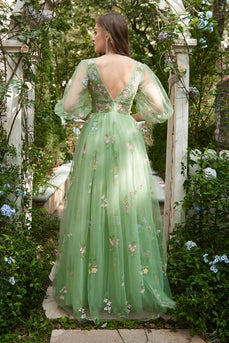A-Line V-Neck Embroidery Green Long Formal Dress with Short Sleeves