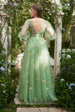 A-Line V-Neck Embroidery Green Long Formal Dress with Short Sleeves