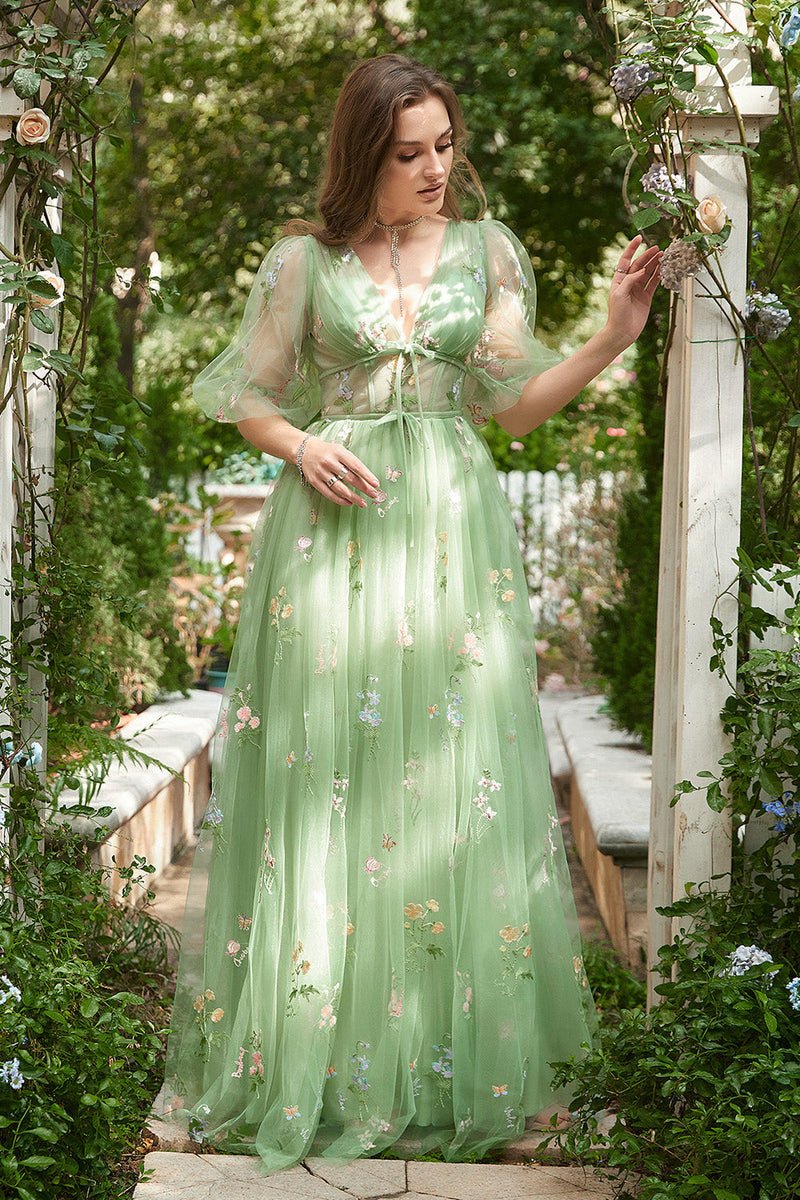 Load image into Gallery viewer, A-Line V-Neck Embroidery Green Long Formal Dress with Short Sleeves