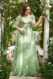 A-Line V-Neck Embroidery Green Long Formal Dress with Short Sleeves