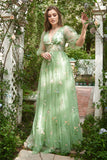 A-Line V-Neck Embroidery Green Long Formal Dress with Short Sleeves