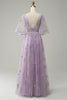 Load image into Gallery viewer, A-Line V-Neck Embroidery Lavender Long Formal Dress with Short Sleeves
