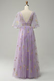 A-Line V-Neck Embroidery Lavender Long Formal Dress with Short Sleeves