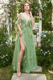 A-Line V-Neck Spaghetti Straps Embroidery Green Long Formal Dress with Slit