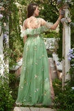 A-Line V-Neck Spaghetti Straps Embroidery Green Long Formal Dress with Slit