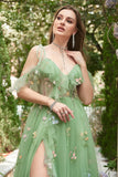 A-Line V-Neck Spaghetti Straps Embroidery Green Long Formal Dress with Slit