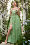 A-Line V-Neck Spaghetti Straps Embroidery Green Long Formal Dress with Slit